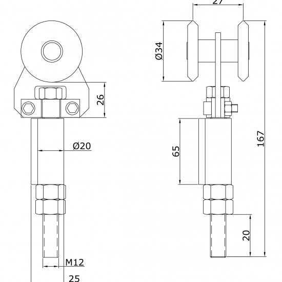 Chariot simple U-40 d´extrémité à souder en acier inoxydable portes coulissantes