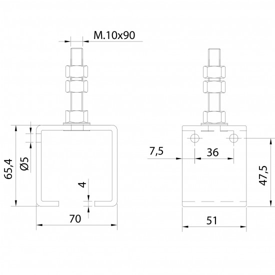 Support rail U-60 réglable inoxydable portes colissantes